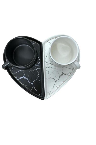 OEM Set of 2 Heart Shaped Cups and Saucers – Black and White Marble Pattern, ...