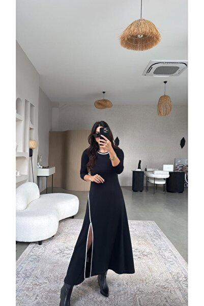 Buket Teke فستان أسود حواف أسطوانية سكوبا شق