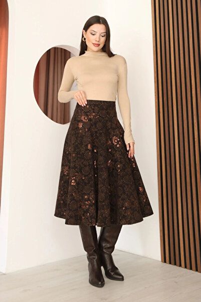 lodmela Printed and Sequined Velvet Flared Skirt 6070-Brown/Camel