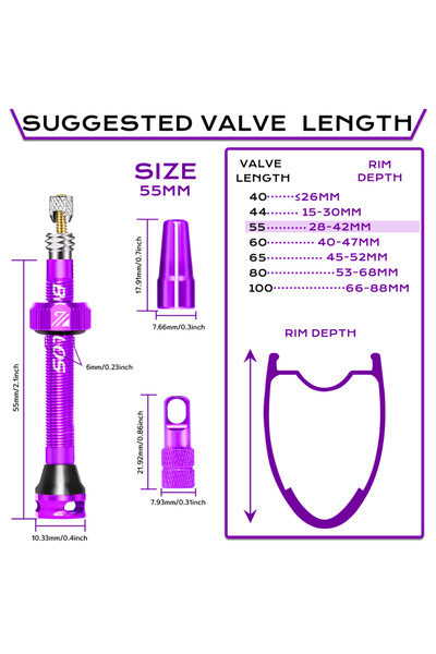 Choice صمامات بريستا للدراجات الهوائية بدون أنابيب، لون بنفسجي، مقاس 55 مم، م...