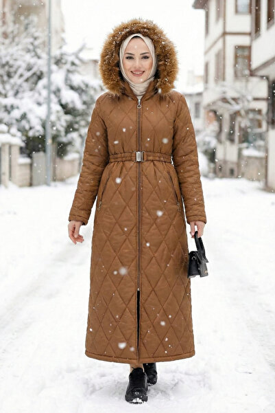Hb Harma Time Butik Women's Lined K Hooded Tan Quilted Coat