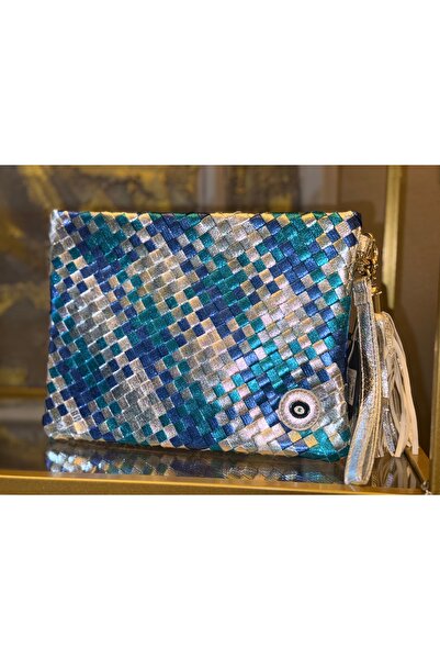 CCS BAG Gümüş parlak mavi nazar boncuk detay cluch çanta
