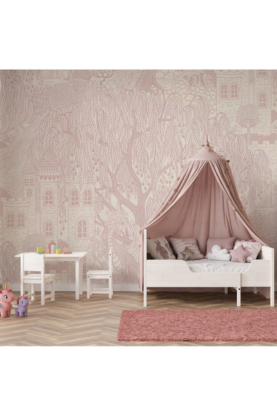 Tasarım Pembe Çizgisel Şato ve Ağaçlar Karikatürist Konsept Bebek & Çocuk Oda...