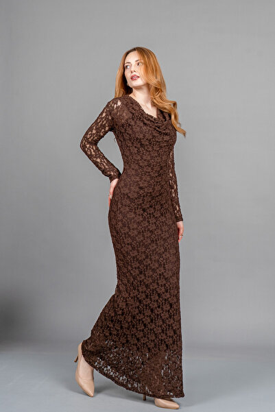 MissVina Degaje Yaka Güpür Detailed Lined Tulle Slim Long Dress – 50365