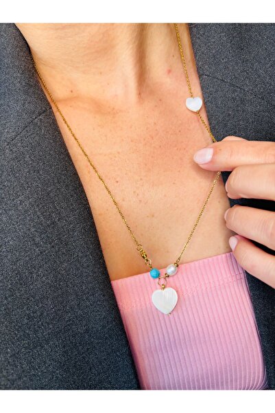 By Song Aksesuar قلادة على شكل قلب من حجر الدوجالتاش مع سلسلة فولاذية