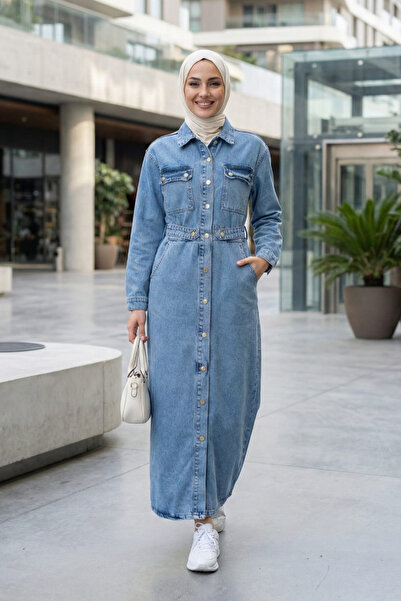 Hb Harma Time Butik Women's Buttoned Waist Detailed Pocketed Blue Denim Dress