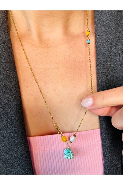 By Song Aksesuar Turquoise Natural Stone Necklace with Steel Chain