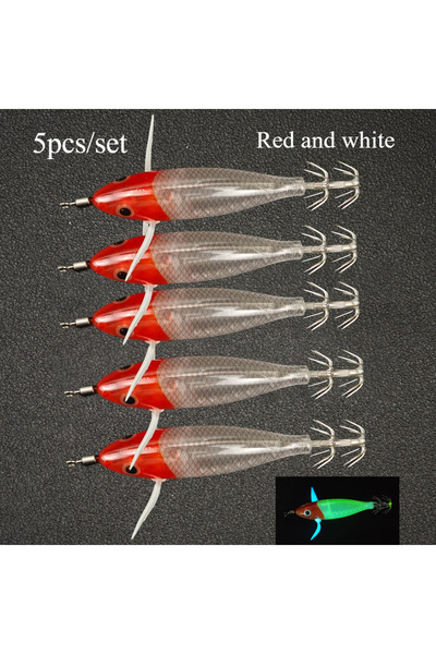 Choice 5 قطع - أحمر وأبيض، 5 قطع طُعم صيد الحبار الأفقي، طُعم صيد الحبار المض...