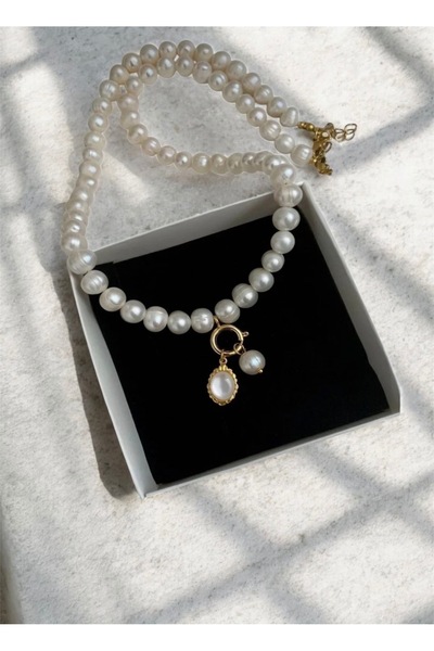 Taşmir Sertifikalı Doğal Inci Kolye - Charm - Altın Kaplama Aparat 45 cm