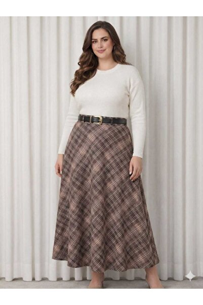 Enga Vera Kadın Büyük Beden Ekose Desenli Uzun Yüksek Bel Yandan Fermuar Kışl...