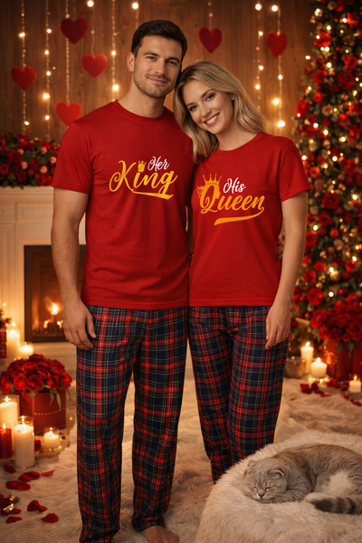 MVRDAR Set pijamale pentru cuplu tricou si pantaloni pijamale, bumbac, Craciu...
