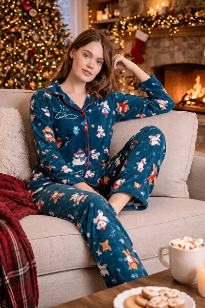nisaNCa Winter New Year Patterned Women's Shirt Fleece Pajama Set - New Year's Pajamas with Deer - Plus Size Pajamas