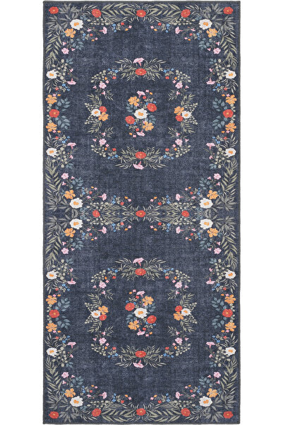 Cool Halı Florence Lacivert Yeşil Çiçekli Dekoratif Otantik İnce Dokuma Makin...
