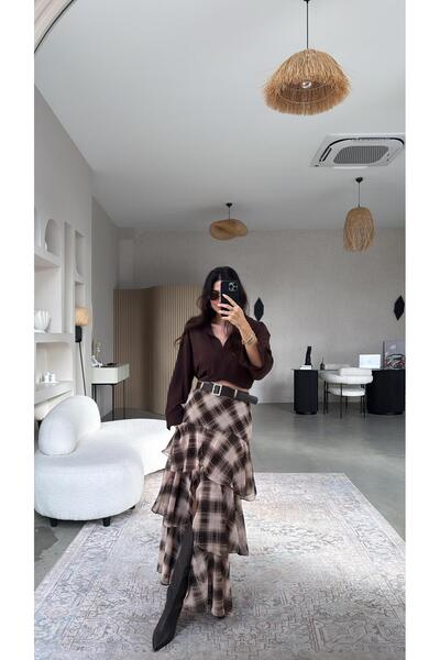 Buket Teke Brown Patterned Maxi Belted Layered Skirt
