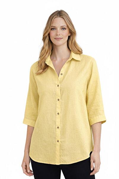 ASMİN Kadın Sarı %100 Keten Klasik Uzun Kollu Regular Fit Yaka Basic Gömlek