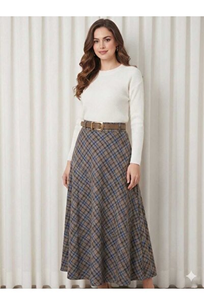 Enga Vera Women's Plaid Patterned Long High Waist Side Zipper Winter Skirt (F...