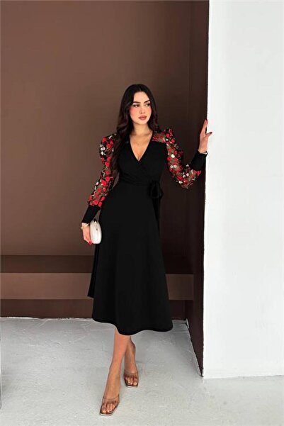 Neşeli Butik Women's Black Tulle Sleeve Floral Embroidered Midi Length Dress ...
