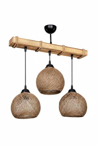 Duru Homelight Retro Ahşap Otantik Hasır Halat 3'lü YumaK Ball Avize