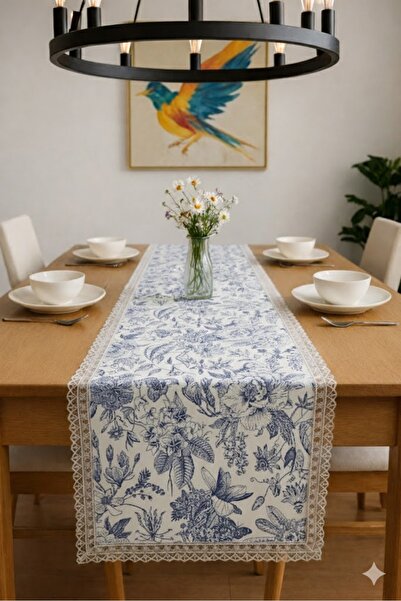 Rona Home Lace Blue Runner Tablecloth with Leaf Pattern - Luxurious and Styli...
