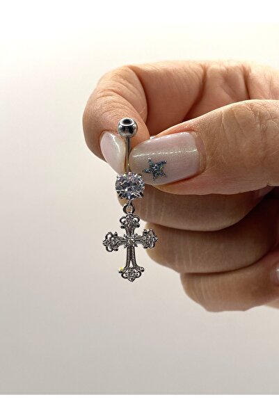 kurukafagift Çelik Haç Göbek Piercing Zirkon Taşlı Desenli