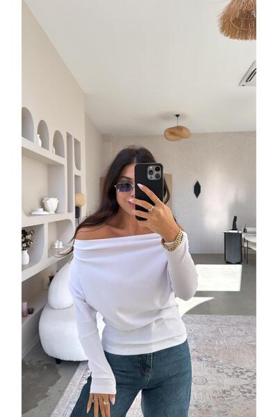Buket Teke Bluză albă tricotaj cu striații cu detaliu pe umăr