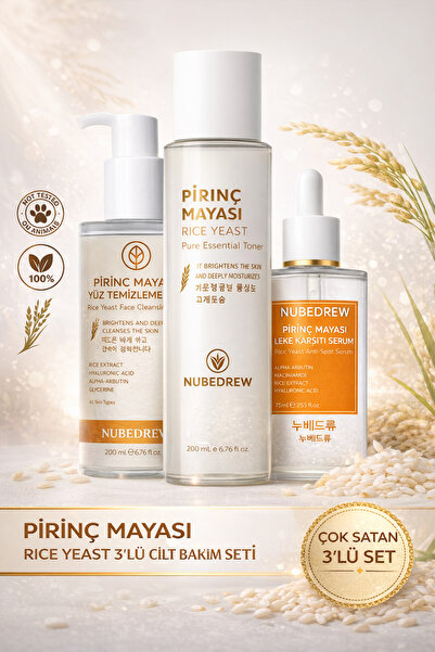 NUBEDREW Pirinç Mayası 3’lü Cilt Bakım Seti – Tonik + Leke Karşıtı Serum + Yü...