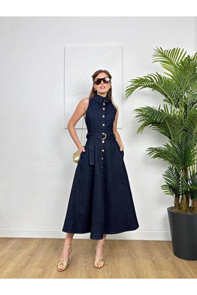 Coral Kuşaklı Kolsuz Kot Elbise 30047 Lacivert
