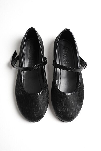 minnose Siyah Kadın Tek Baretli Babet - Işıltılı Kare Toka Detaylı Yumuşak Ta...