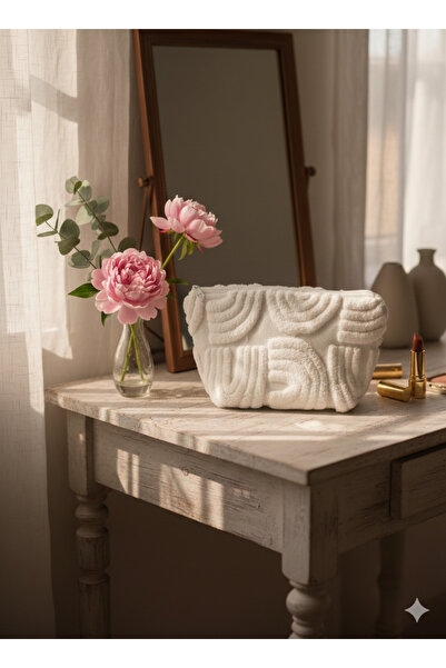 YILDIZ DİJİTAL HOME Punch Embroidered Makeup Bag, Handmade, White Teddy Fluff...