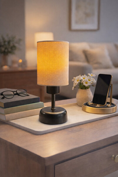 Natiorj Silindir Krem Şapkalı Pilli Siyah Masa Lambası Yatak Odası Salon Kafe...