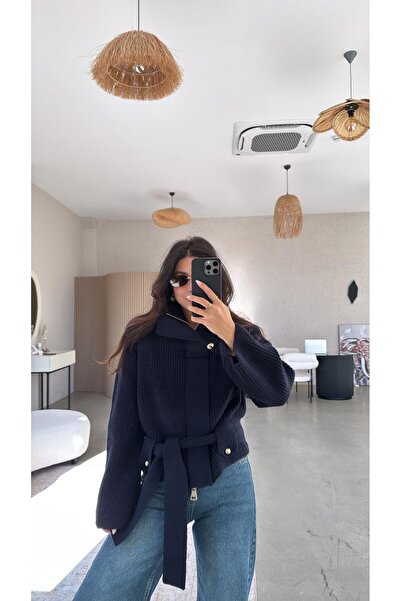 Buket Teke Navy Blue Zippered Cardigan with Premium Accessories