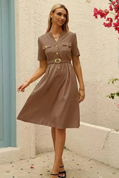 COCOBELLA Women's Short Sleeve Atlas Dress with Buttons and Belt