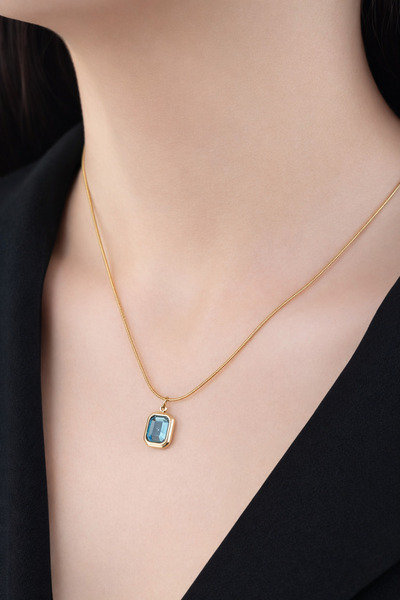 HOUSEKİ Vintage Minimal Dikdörtgen Renkli Taşlı Çelik Kolye