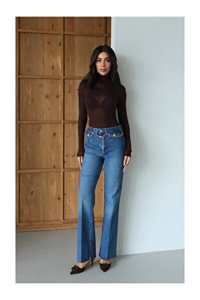 Coral Zincir Kemerli Kot Pantolon 8158 Mavi