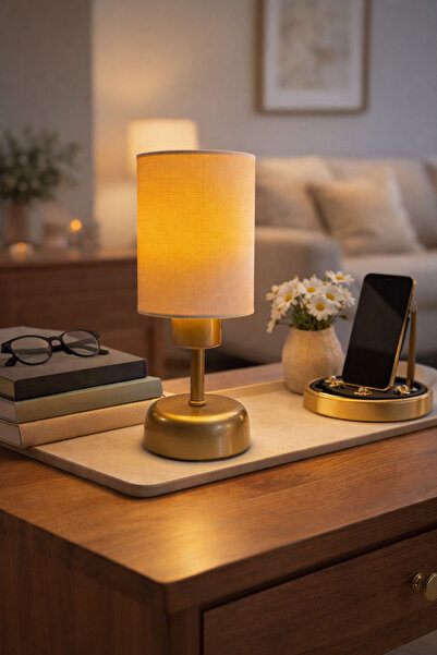 Natiorj Silindir Krem Şapkalı Pilli Eskitme Masa Lambası Yatak Odası Salon Ka...