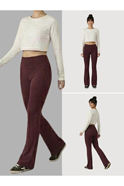 lessisor.co بنطلون بني واسع الأرجل من القطن الممشط عالي الخصر