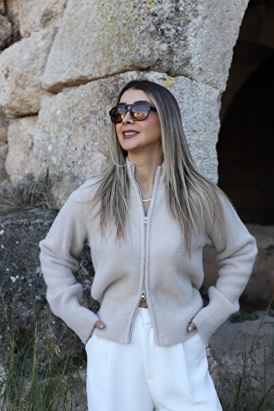 bytugcekaya Stone Standard Size Zippered Furry Cardigan