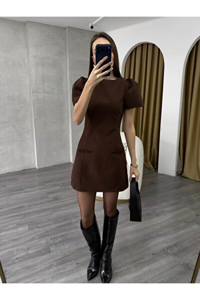 Coral Sırtı Fermuarlı Gizli Cepli Elbise 0789 Kahve