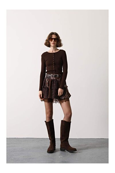 Coral Eteği Tül Desenli Etek 37208 Kahve