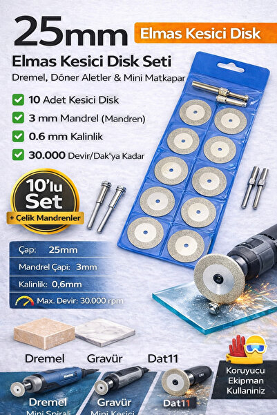 SENBANG 25 mm Elmas Kesici Disk Seti 10’lu + 2 Mandren | Cam Mermer Seramik T...