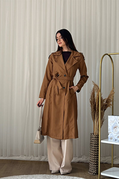 Klex Kadın Kuşaklı Trençkot – Çift Düğmeli, Uzun Boy, Şık Dış Giyim-Kahvereng...