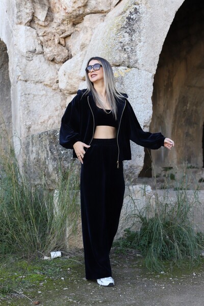 bytugcekaya Navy Blue Velvet Triple Zipper Suit