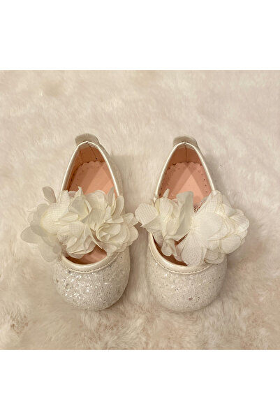 ZÜRİ KİDS Parlak Tül Çiçekli Ekru Babet