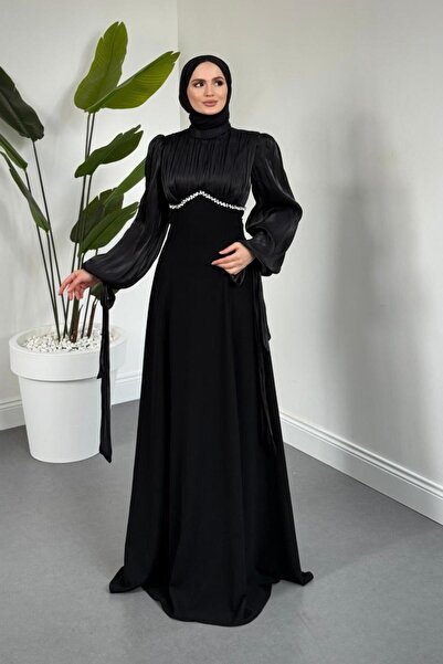 MERVEN AKYÜZ Shabnam Beli Taşlı Abiye Siyah