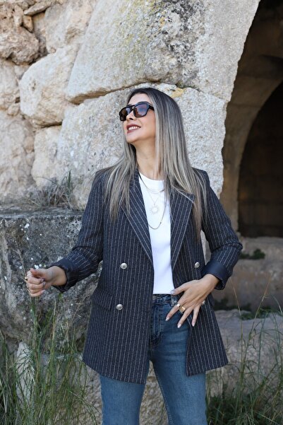 bytugcekaya Anthracite Striped Four Button Blazer