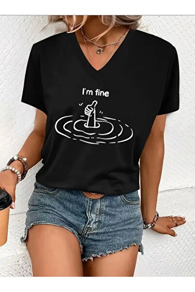 FUFLUNS I'M Fine Printed Women's Oversize V-Neck T-Shirt