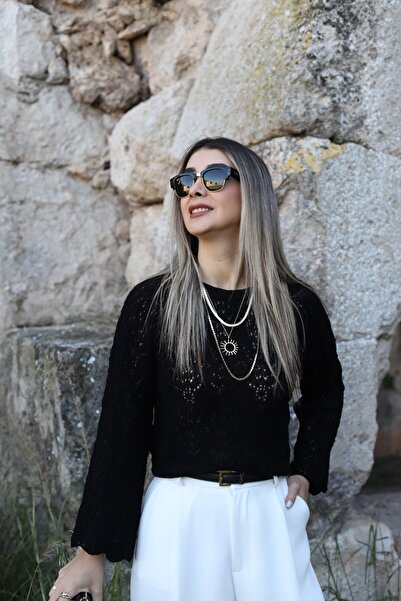 bytugcekaya Black Standard Size Crew Neck Lace-Like Knit Knitwear Sweater