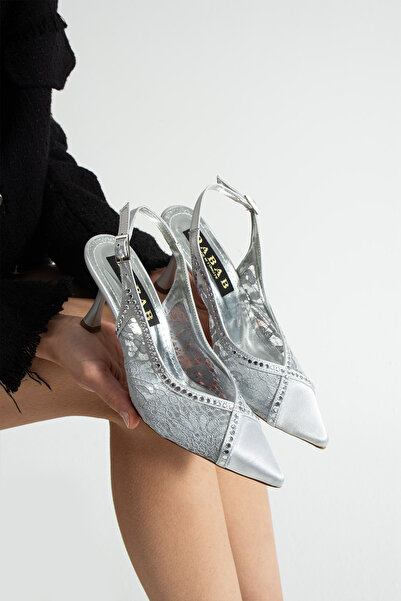 dabab shoes Laceora Women's Silver Pointed Toe 10cm Heels Lace Textured Pearl...