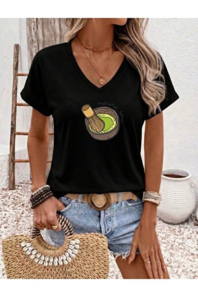 FUFLUNS Matcha Lover Printed Women's Oversize V-Neck T-Shirt