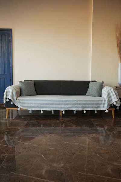 Ascotton Gray Tassel Sofa Cover with Pompoms, 300X110 Cm, Oversized, Covers Arms
